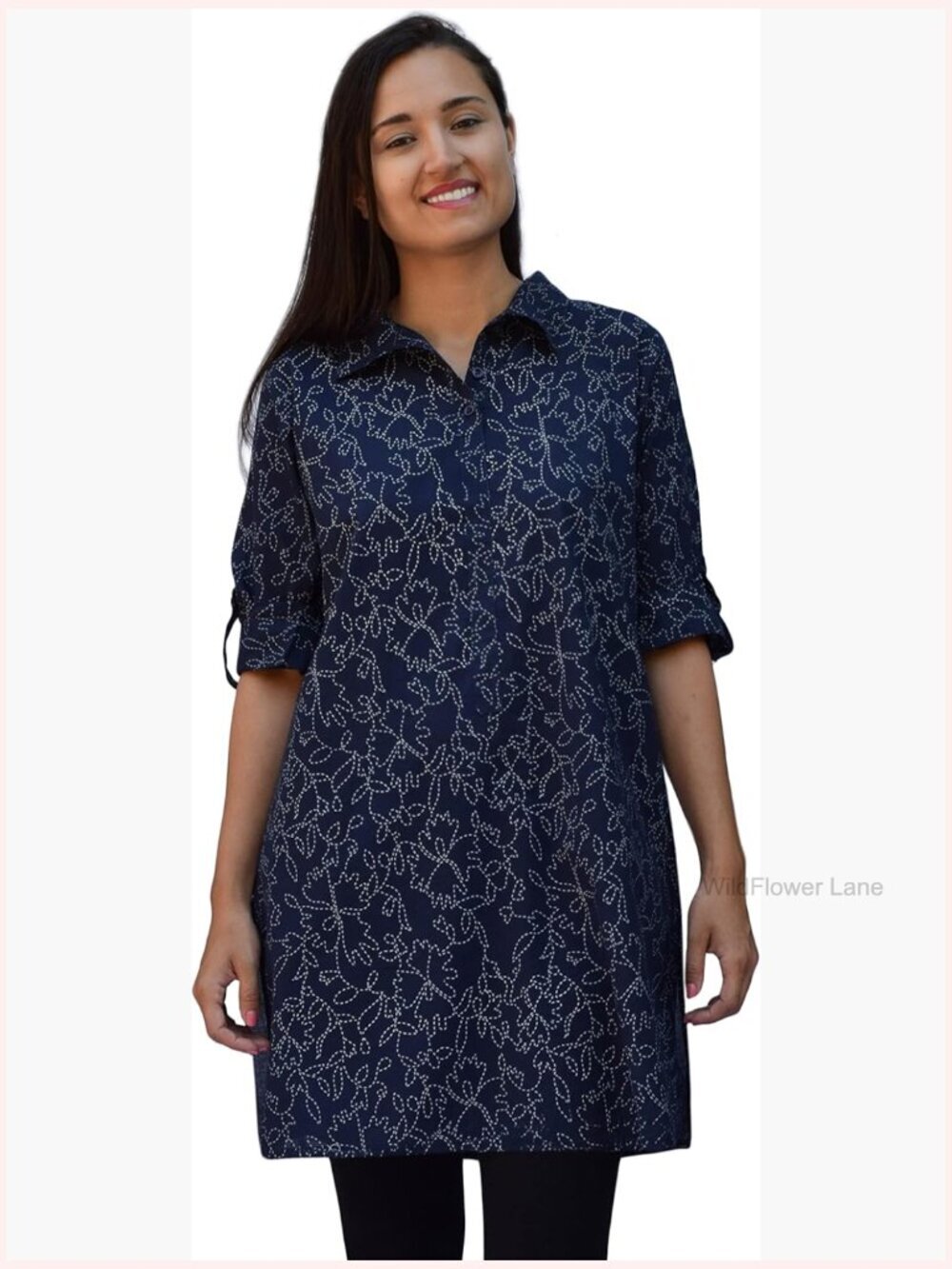 Hand Block Printed Long Sleeve Tunic with Pockets, Cotton, Relaxed Fit